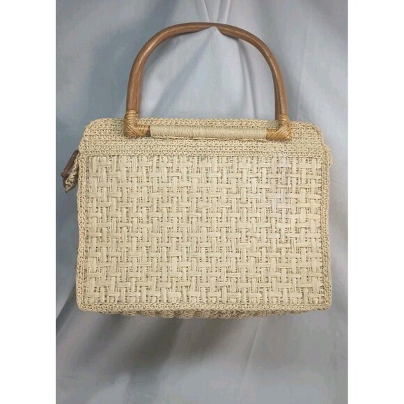 Fossil Tan Embroidered Rattan Straw Purse W/ Wooden Handles Floral Pocketbook - Picture 2 of 11